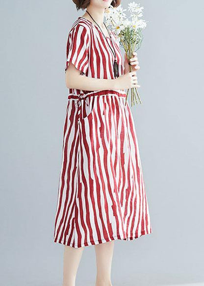 Handmade Red Striped Clothes O Neck Drawstring Art Summer Dress