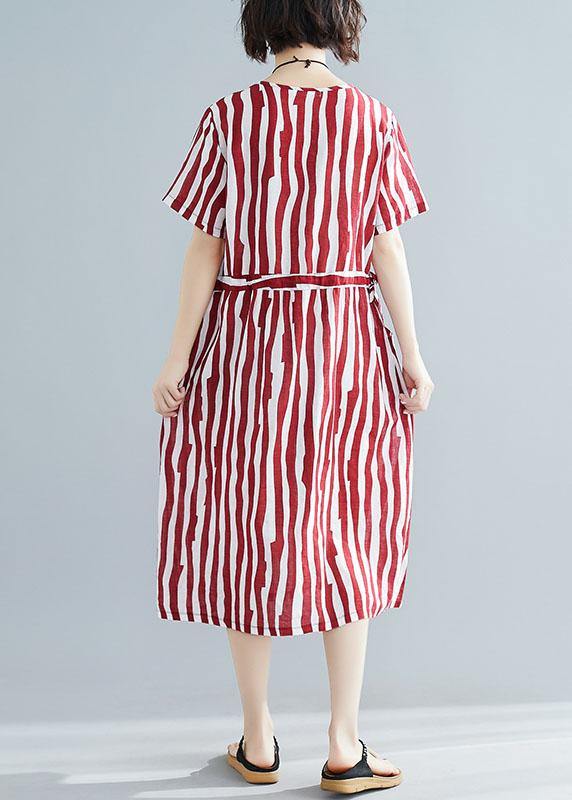 Handmade Red Striped Clothes O Neck Drawstring Art Summer Dress
