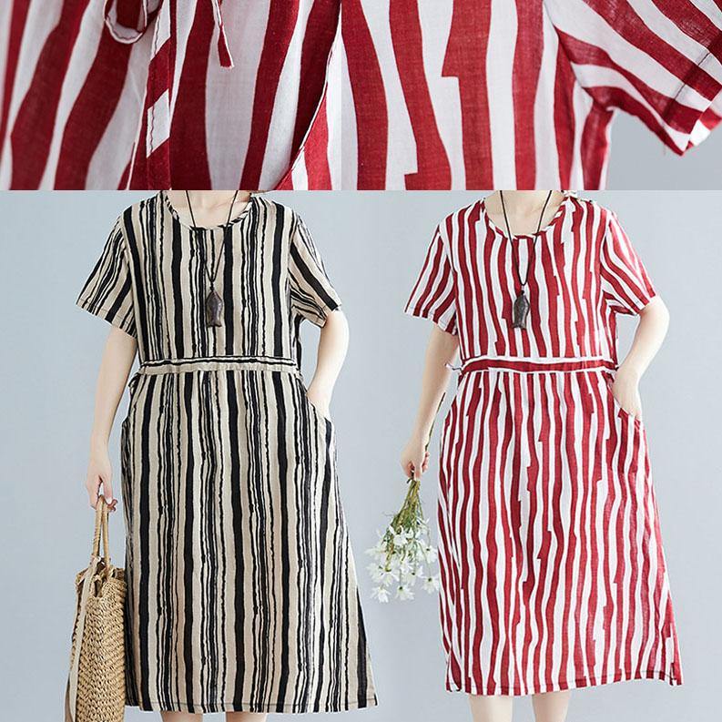 Handmade Red Striped Clothes O Neck Drawstring Art Summer Dress