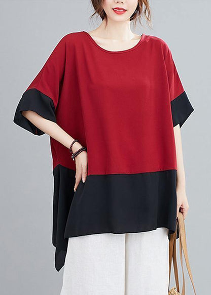 Handmade Red Tops O Neck Patchwork Summer Shirts