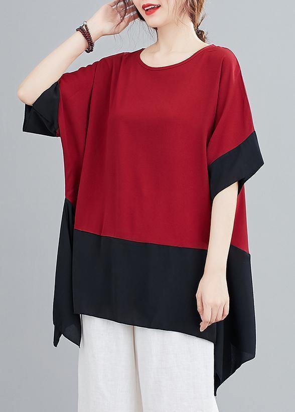 Handmade Red Tops O Neck Patchwork Summer Shirts