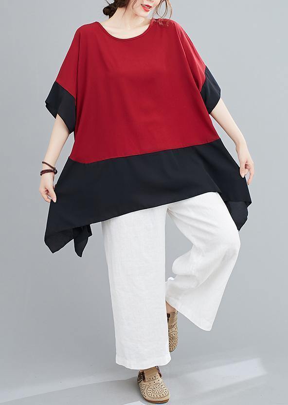 Handmade Red Tops O Neck Patchwork Summer Shirts