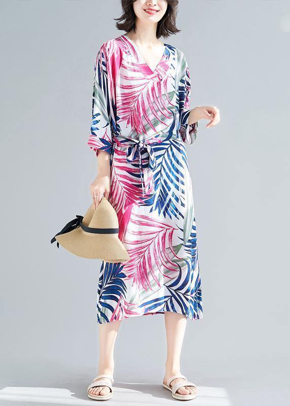 Handmade Rose Print Cotton V Neck Tie Waist a Line Summer Dresses