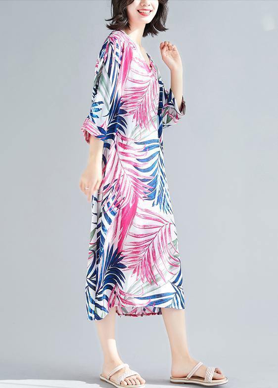 Handmade Rose Print Cotton V Neck Tie Waist a Line Summer Dresses