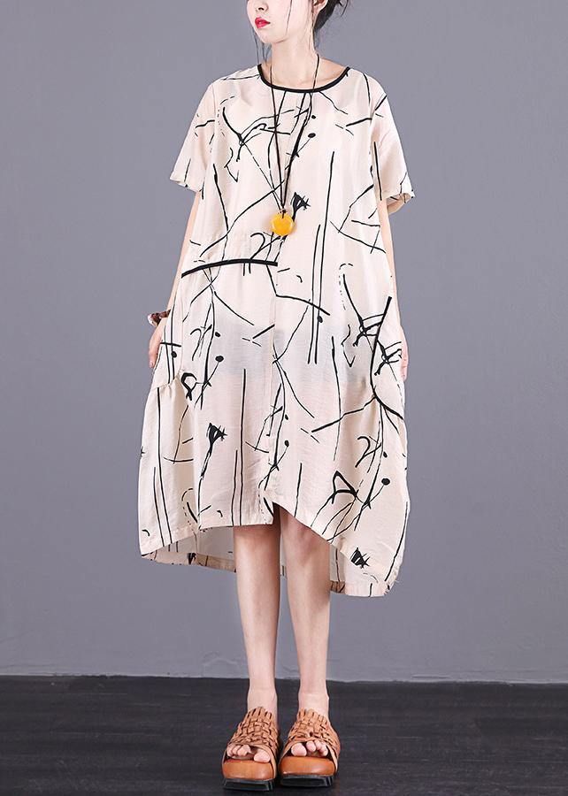 Handmade Silk Quilting Dresses Stitches Summer Loose Short Sleeve Irregular Dress