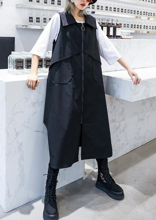 Handmade Sleeveless Asymmetric Cotton Tunics Shape Black Lapel Cotton Dress