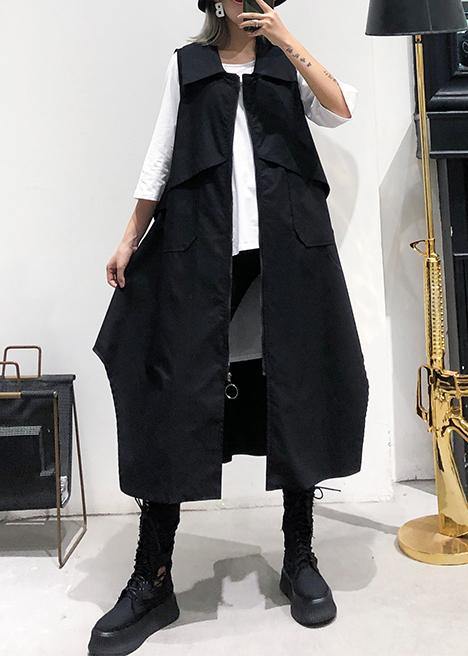 Handmade Sleeveless Asymmetric Cotton Tunics Shape Black Lapel Cotton Dress