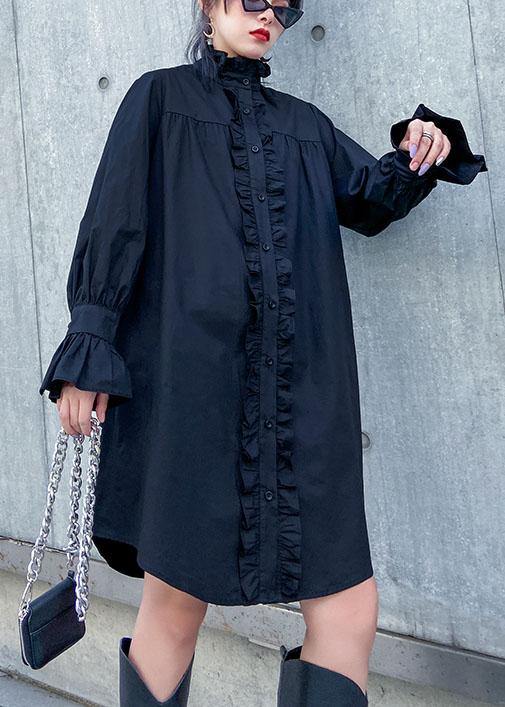 Handmade Stand Collar Ruffles Cotton Dresses Sewing Black Dress