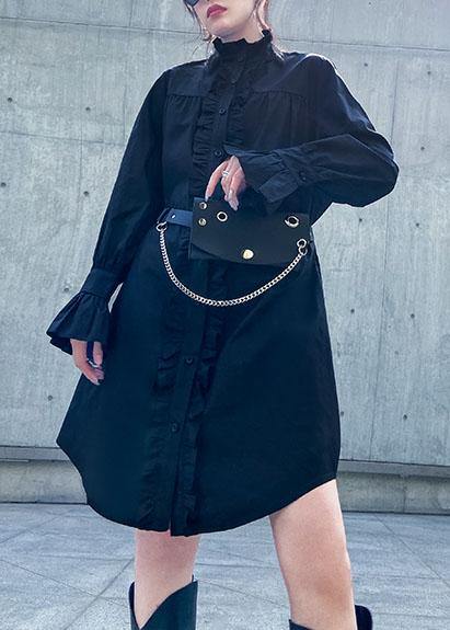 Handmade Stand Collar Ruffles Cotton Dresses Sewing Black Dress