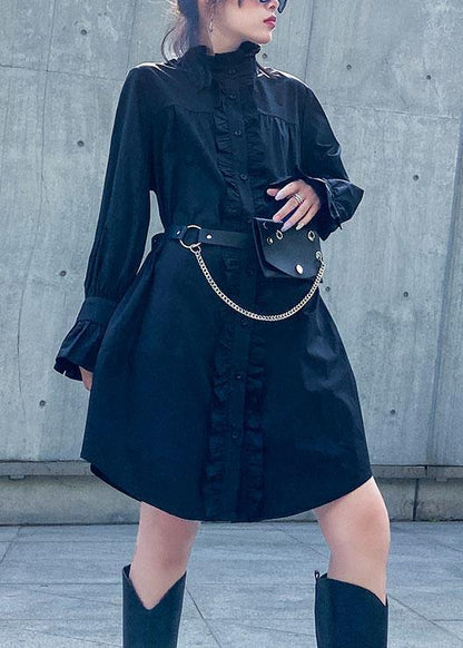 Handmade Stand Collar Ruffles Cotton Dresses Sewing Black Dress
