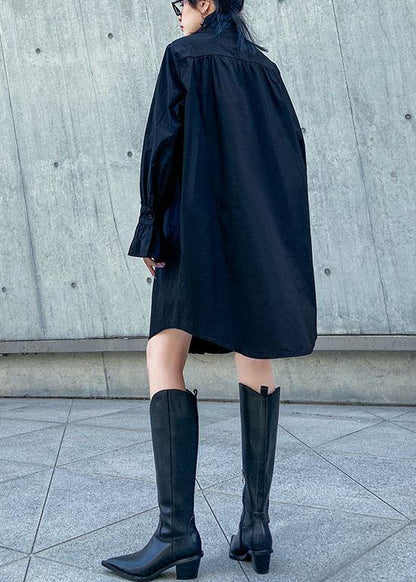 Handmade Stand Collar Ruffles Cotton Dresses Sewing Black Dress