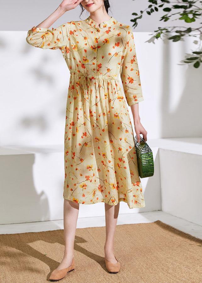 Handmade Stand Collar Drawstring Linen Dress Ideas Yellow Print Dress
