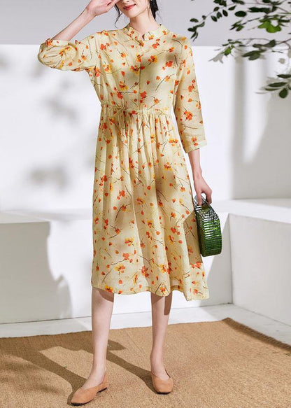 Handmade Stand Collar Drawstring Linen Dress Ideas Yellow Print Dress