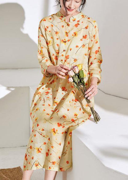 Handmade Stand Collar Drawstring Linen Dress Ideas Yellow Print Dress