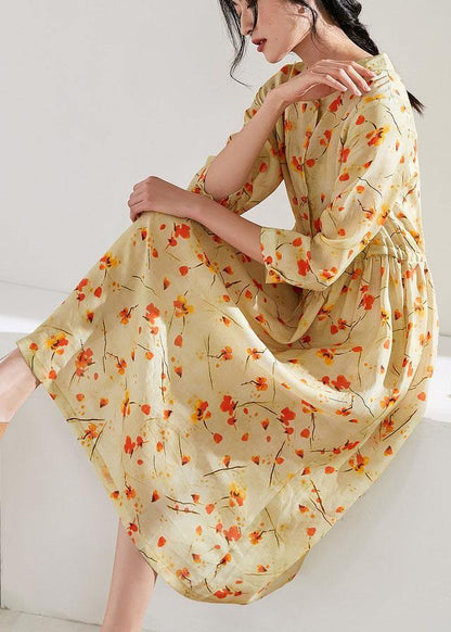Handmade Stand Collar Drawstring Linen Dress Ideas Yellow Print Dress