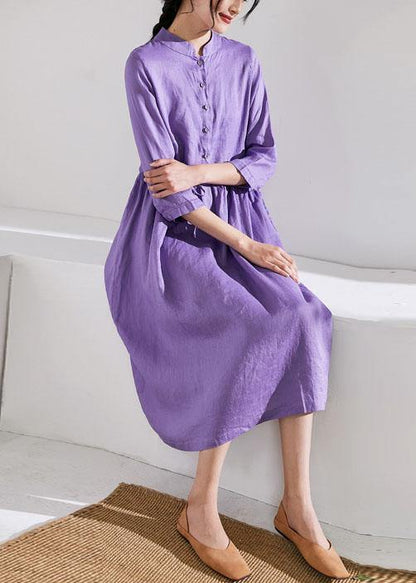 Handmade Stand Collar Drawstring Linen Summer Wardrobes Runway Purple Dress
