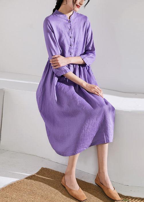 Handmade Stand Collar Drawstring Linen Summer Wardrobes Runway Purple Dress