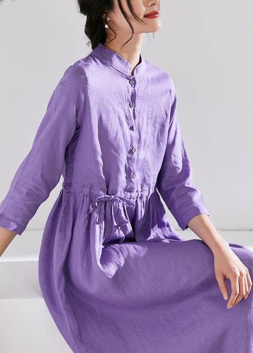 Handmade Stand Collar Drawstring Linen Summer Wardrobes Runway Purple Dress