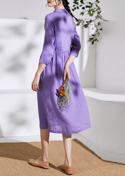 Handmade Stand Collar Drawstring Linen Summer Wardrobes Runway Purple Dress