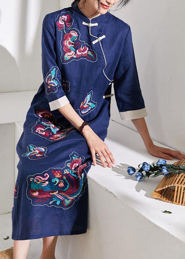Handmade Stand Collar Embroideried Fabric Linen Summer Dresses Blue Dresses