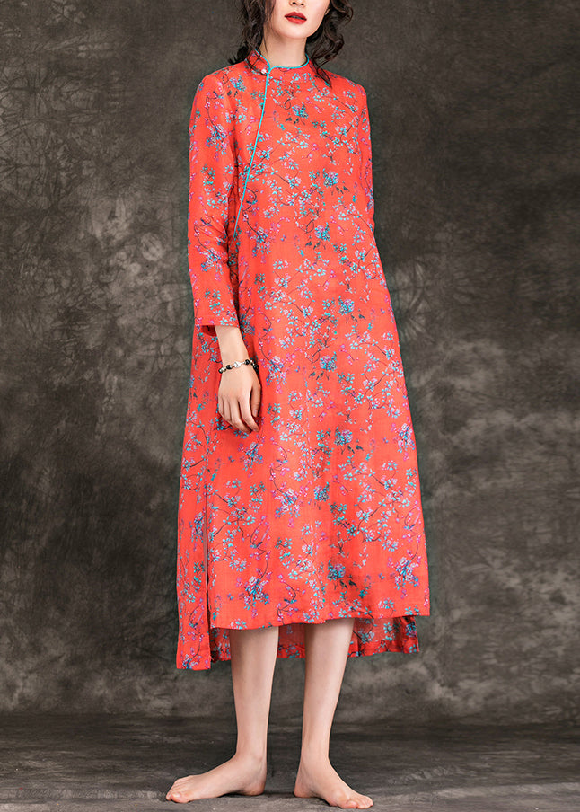Handmade Stand Collar Side Open Linen Clothes Ideas Red Print Dress Summer
