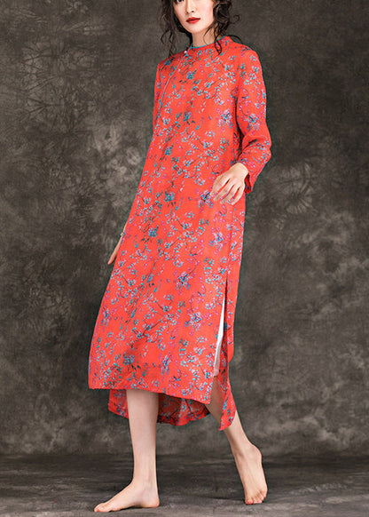 Handmade Stand Collar Side Open Linen Clothes Ideas Red Print Dress Summer
