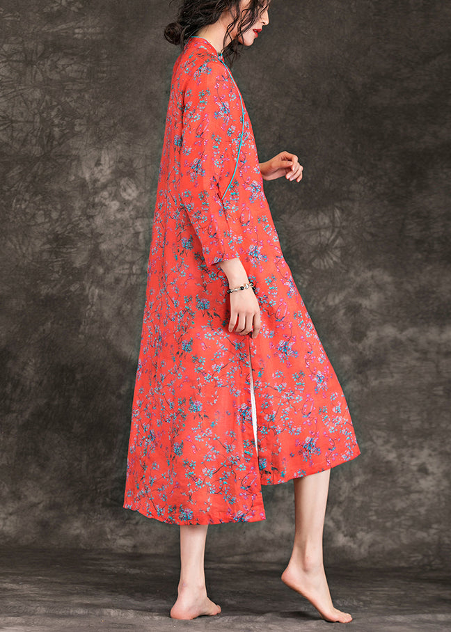 Handmade Stand Collar Side Open Linen Clothes Ideas Red Print Dress Summer