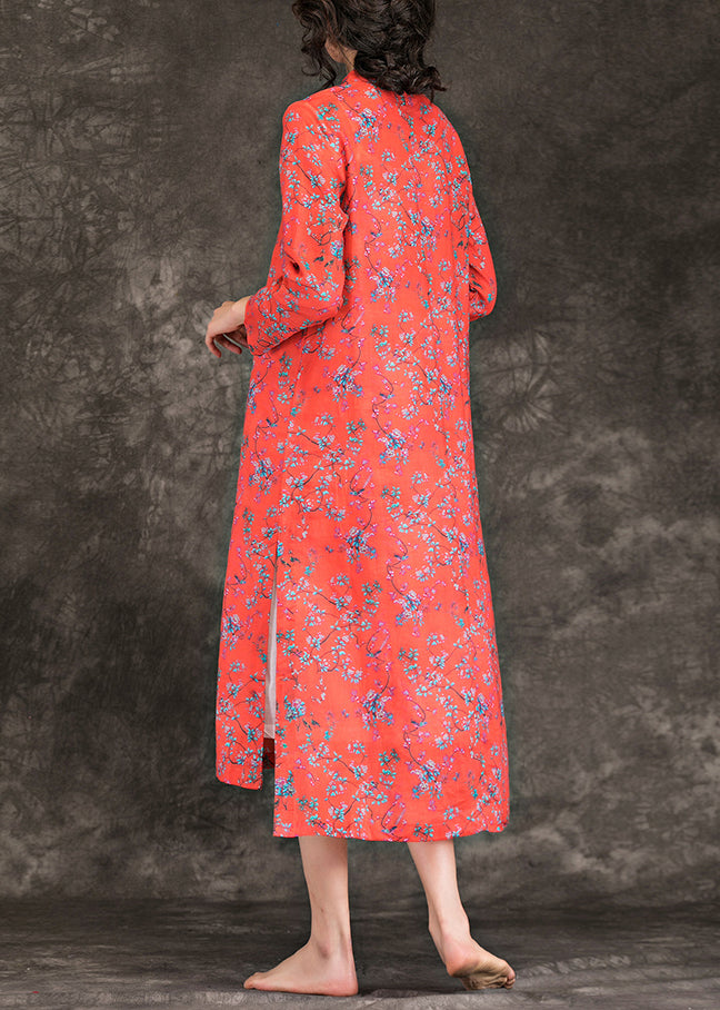 Handmade Stand Collar Side Open Linen Clothes Ideas Red Print Dress Summer