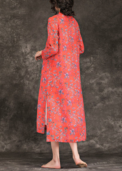 Handmade Stand Collar Side Open Linen Clothes Ideas Red Print Dress Summer
