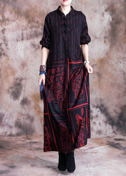 Handmade Stand Collar Wool Tunic Dress Design Red Prints Dress Fall