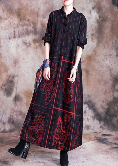 Handmade Stand Collar Wool Tunic Dress Design Red Prints Dress Fall