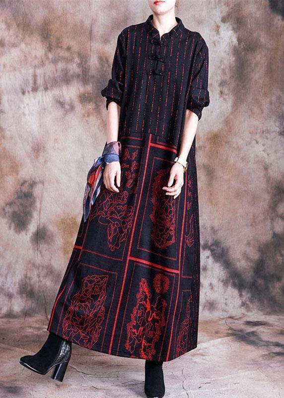 Handmade Stand Collar Wool Tunic Dress Design Red Prints Dress Fall