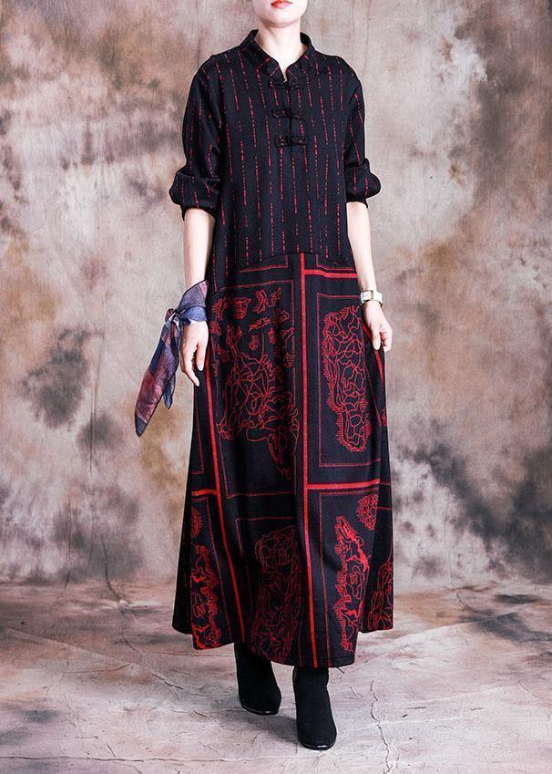 Handmade Stand Collar Wool Tunic Dress Design Red Prints Dress Fall