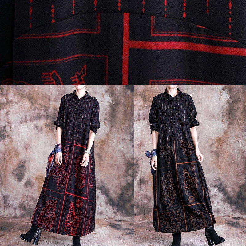 Handmade Stand Collar Wool Tunic Dress Design Red Prints Dress Fall