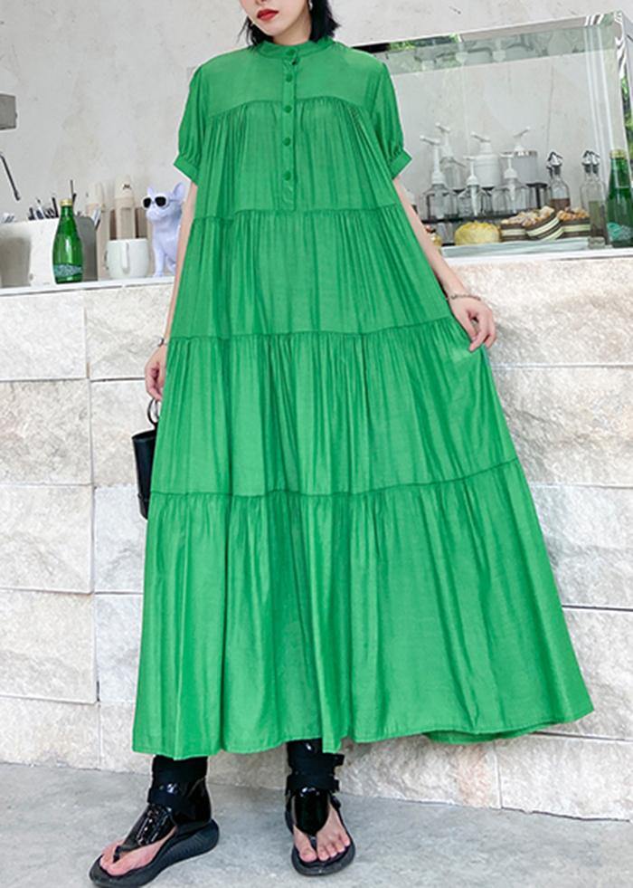 Handmade Stand Collar Cinched Cotton Dresses Wardrobes Green Long Dresses