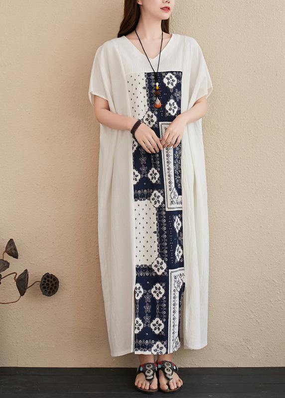 Handmade V Neck Ideas White Patchwork Print Dresses
