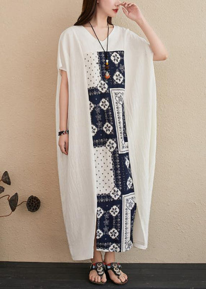 Handmade V Neck Ideas White Patchwork Print Dresses