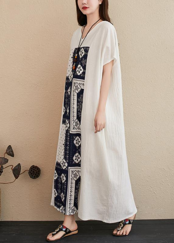 Handmade V Neck Ideas White Patchwork Print Dresses