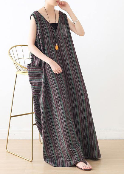 Handmade V Neck Cotton Clothes Linen Striped Maxi Dresses Summer