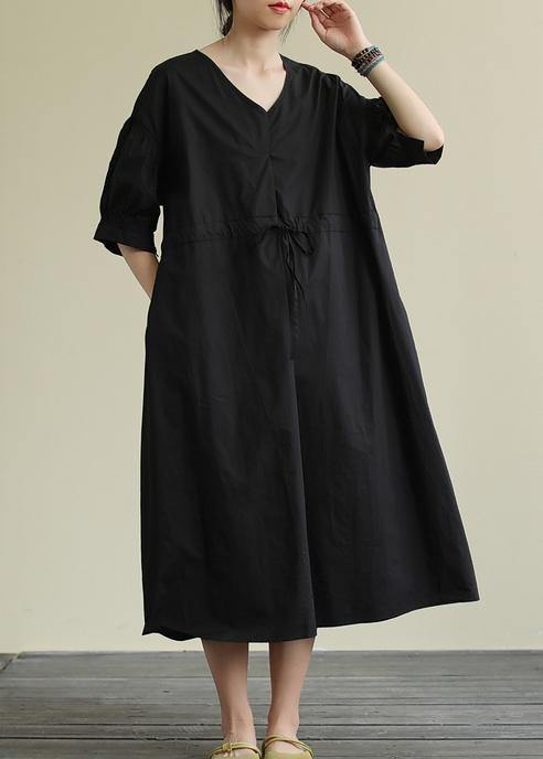 Handmade V Neck Drawstring Cotton Tunic Dress Work Black Traveling Dress
