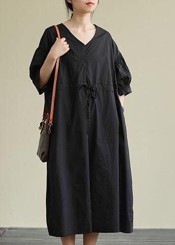 Handmade V Neck Drawstring Cotton Tunic Dress Work Black Traveling Dress