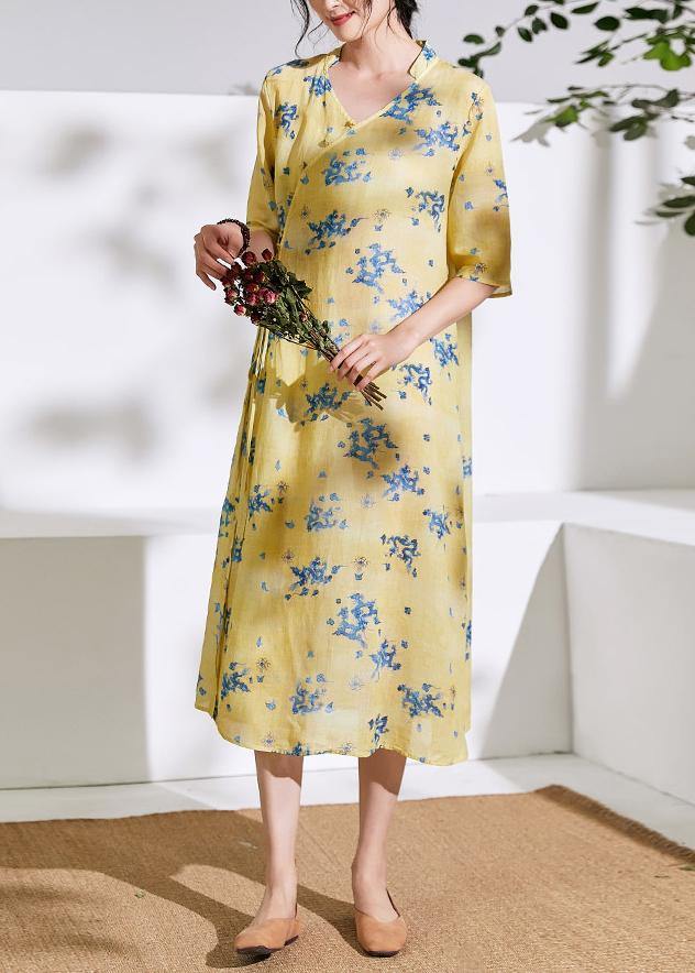 Handmade V Neck Half Sleeve Linen Summer Dresses Shirts Yellow Print Dress