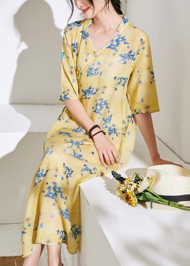 Handmade V Neck Half Sleeve Linen Summer Dresses Shirts Yellow Print Dress