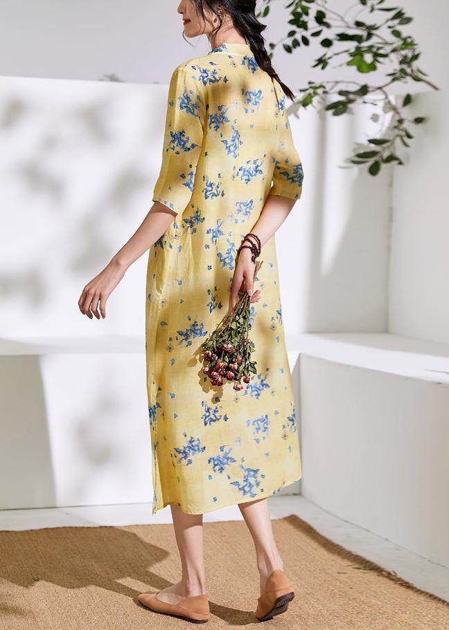 Handmade V Neck Half Sleeve Linen Summer Dresses Shirts Yellow Print Dress