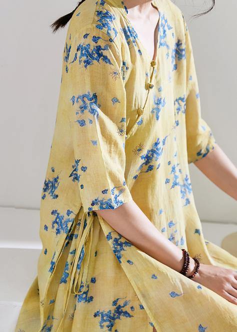 Handmade V Neck Half Sleeve Linen Summer Dresses Shirts Yellow Print Dress