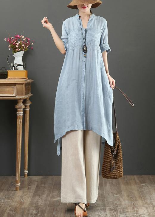 Handmade V Neck Linen Summer Shirts Gifts Light Blue Tops