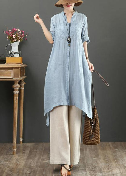 Handmade V Neck Linen Summer Shirts Gifts Light Blue Tops