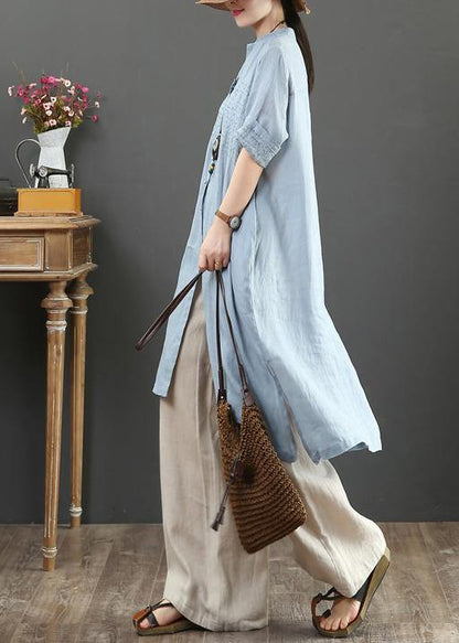 Handmade V Neck Linen Summer Shirts Gifts Light Blue Tops