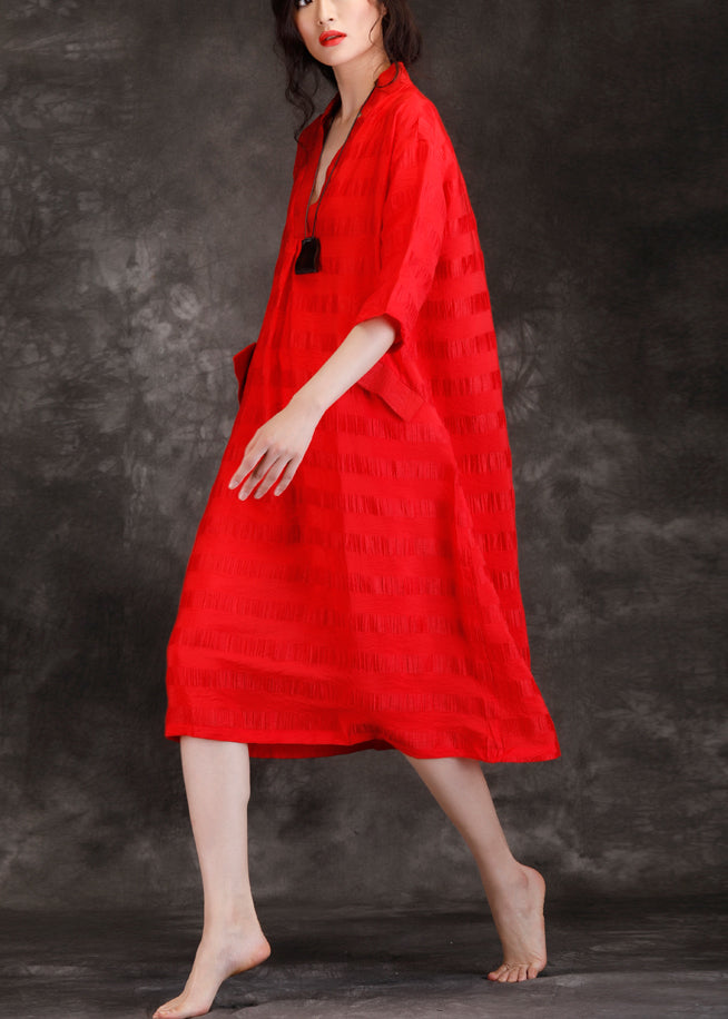 Handmade V Neck Patchwork Linen Blended Tunics Fine Shape Red Art Dresses Summer