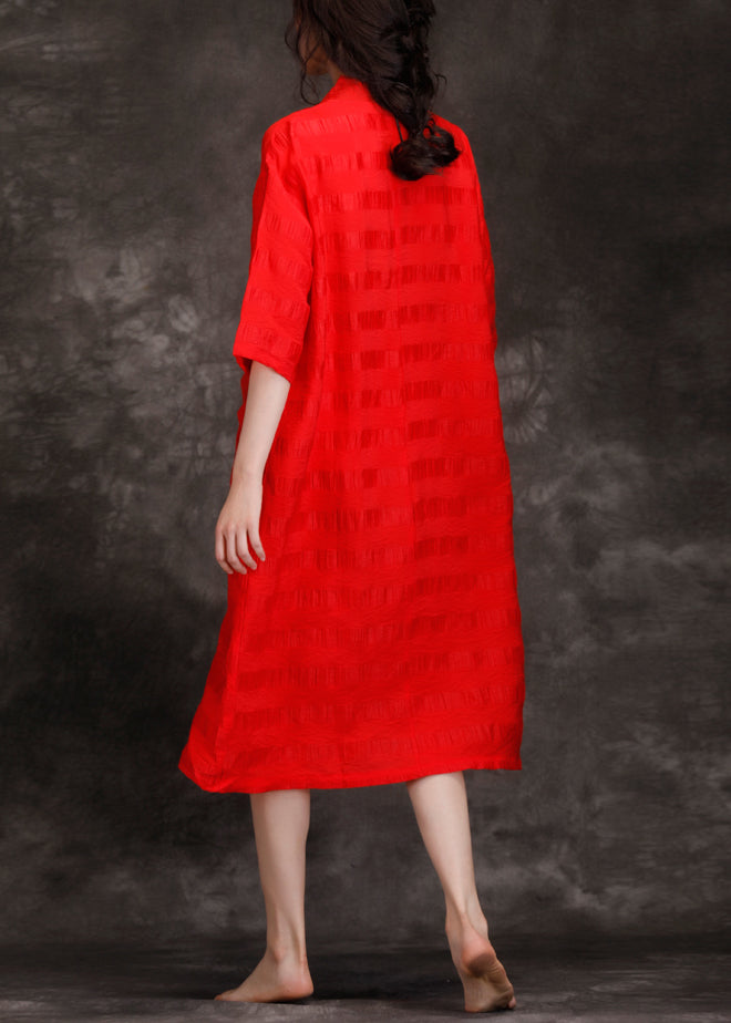 Handmade V Neck Patchwork Linen Blended Tunics Fine Shape Red Art Dresses Summer